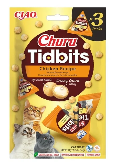 INABA Cat Churu Tidbits Chicken Recipe 3x12g měkké a krémové pamlsky s kuřetem a lososem pro kočky