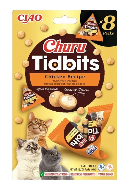 INABA Cat Churu Tidbits Chicken Recipe 8x12g měkké a krémové pamlsky s kuřetem a lososem pro kočky