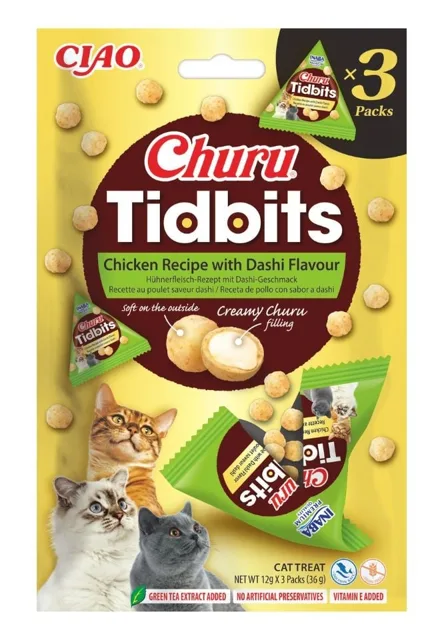 INABA Cat Churu Tidbits Chicken Recipe with Dashi Flavor 3x12g měkké a krémové pamlsky s kuřecím masem a dashi příchutí pro kočky