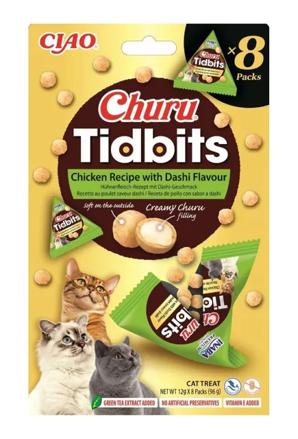 INABA Cat Churu Tidbits Chicken Recipe with Dashi Flavor 8x12g měkké a krémové kuřecí pamlsky s příchutí dashi vývaru pro kočky