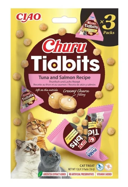 INABA Cat Churu Tidbits Tuna and Salmon Recipe 3x12g měkké a krémové pamlsky s tuňákem a lososem pro kočky