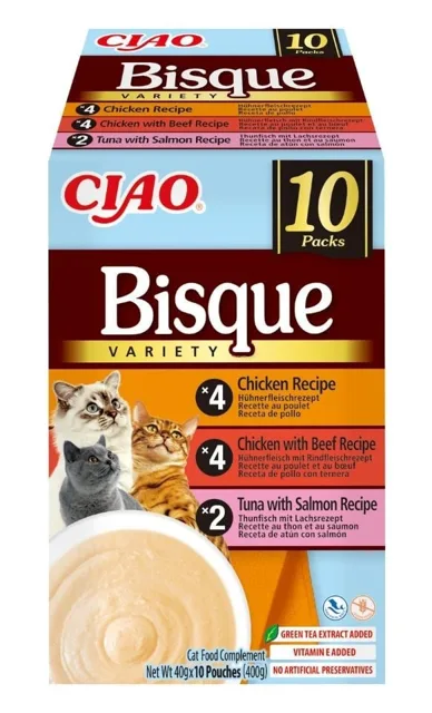 INABA Cat Ciao Bisque Variety 10x40g mix polévka krém s kuřecím masem, hovězím masem a rybou pro kočky
