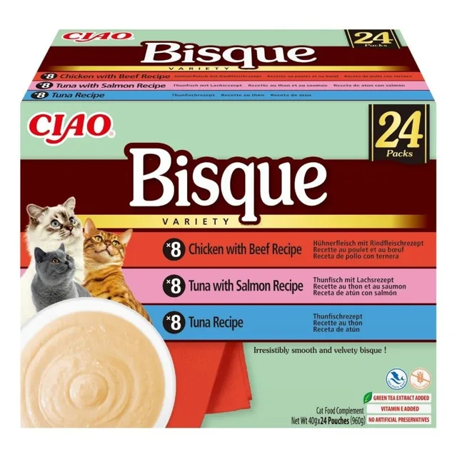 INABA Cat Ciao Bisque Variety 24x40g mix krémových polévek s tuňákem, hovězím a kuřecím masem pro kočky