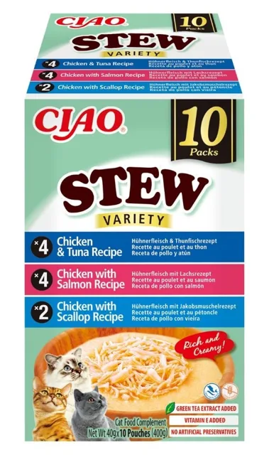 INABA Cat Ciao Stew Creamy Variety 10x40g mix pamlsků s kuřecím masem, rybou a hřebenatkami v krémové omáčce