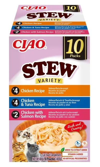 INABA Cat Ciao Stew Creamy Variety 10x40g mix pamlsků s kuřecím masem, tuňákem a lososem v krémové omáčce