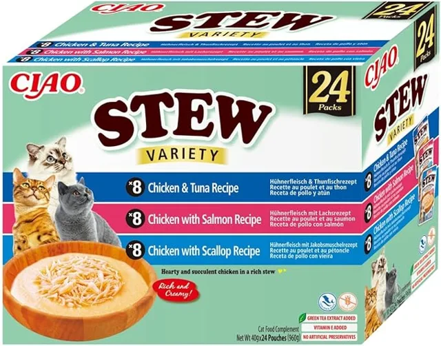 INABA Cat Ciao Stew Creamy Variety 24x40g mix pamlsků s kuřecím masem, rybou a hřebenatkami v krémové omáčce