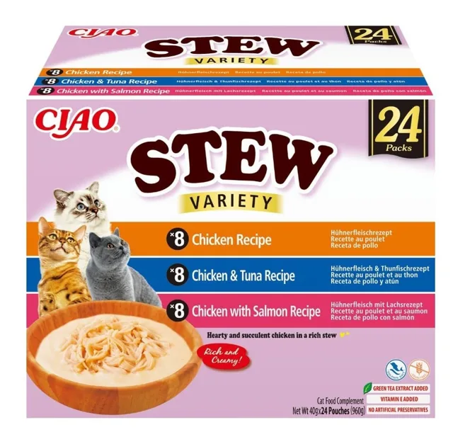 INABA Cat Ciao Stew Creamy Variety 24x40g mix pamlsků s kuřecím, tuňákem a lososem v krémové omáčce