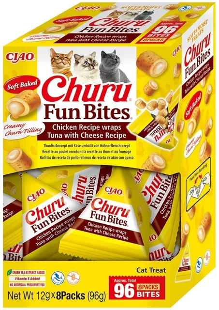 INABA Cat Fun Bites Chicken with Tun and Cheese 8x12g wrapy s kuřecím masem, tuňákem a sýrem pro kočky