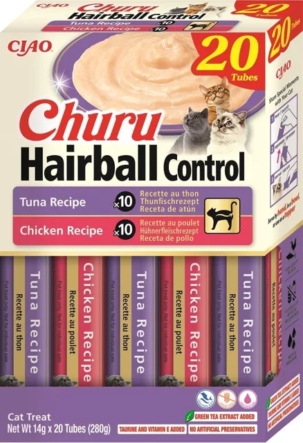 INABA Churu Cat Hairball 20x14g tuňák a kuřecí krémová pochoutka pro kočky