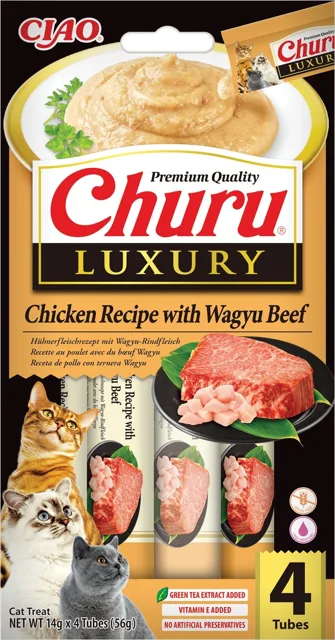 INABA Churu Cat Luxury krémový kočičí pamlsek s kuřecím masem a hovězím masem wagyu 4x14 g