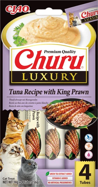 INABA Churu Cat Luxury krémový kočičí pamlsek s tuňákem a tygřími krevetami 4x14 g