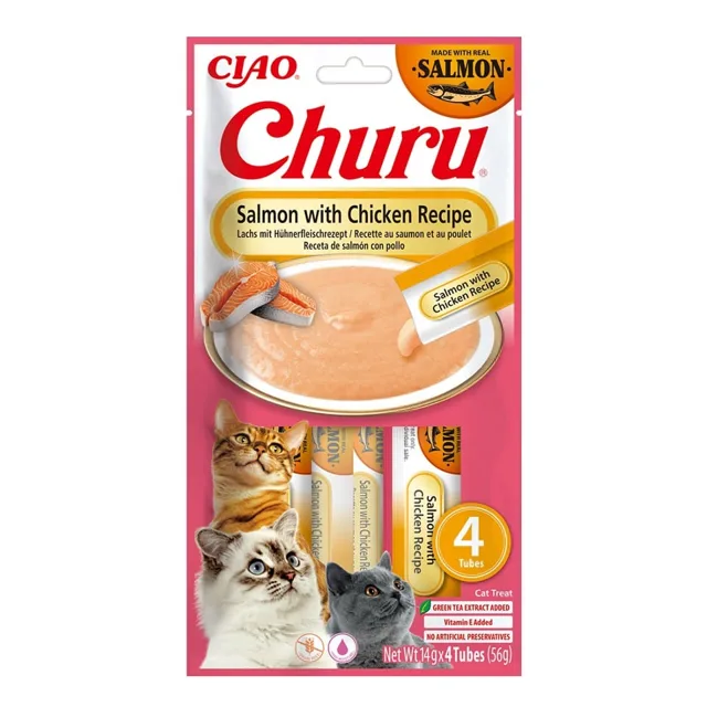 INABA Churu Cat Salmon with Chicken 4x14g krémová pochoutka pro kočky s příchutí lososa a kuřete