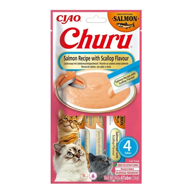 INABA Churu Cat Salmon with Scallop 4x14g krémová pochoutka pro kočky s příchutí lososa a mušlí