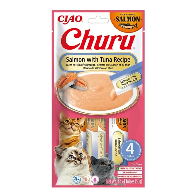 INABA Churu Cat Salmon with Tuna 4x14g krémová pochoutka pro kočky s příchutí lososa a tuňáka