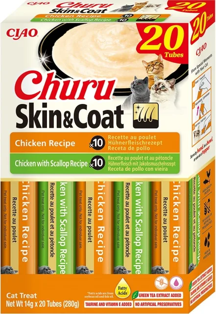 INABA Churu Cat Skin Coat 20x14g kuře a mušle krémová pochoutka pro kočky
