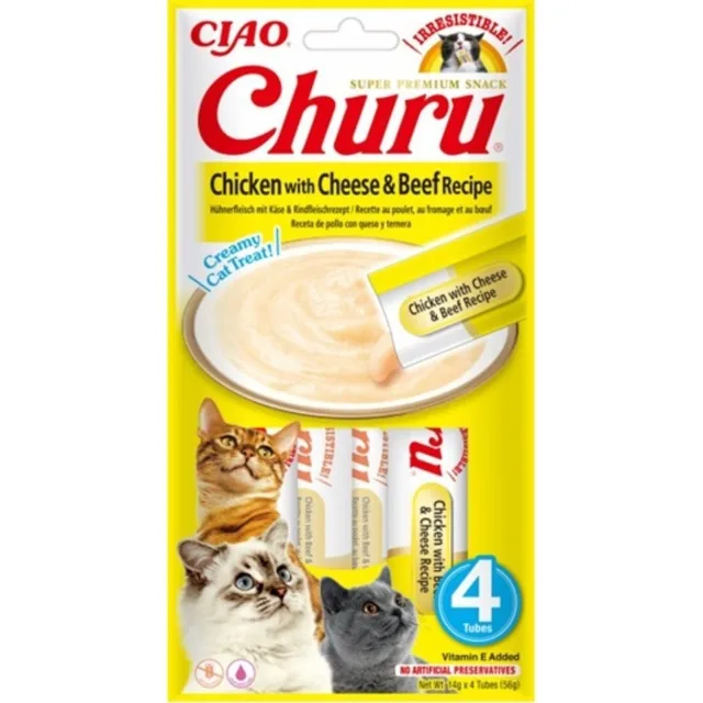 INABA Churu Chicken with cheese &amp; beef 4x14g s kuřecím masem, sýrem a hovězím masem pro kočky