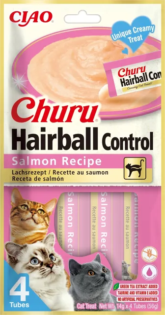 Inaba Churu Hairball Control Salmon 14g Losos pro kočky, mokrý pamlsek, který pomáhá s trichobezoáry