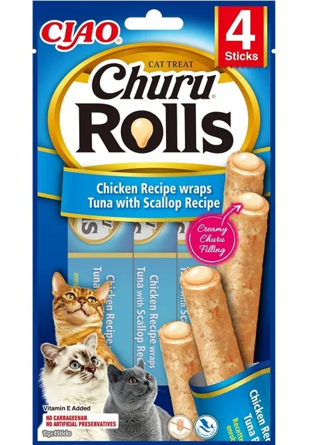 INABA Churu Rolls Chicken 4x10g s kuřecím masem, tuňákem a mušlemi