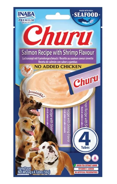 INABA Dog Churu Fish Based Salmon with Shrimp Recipe 4x14g krémové pamlsky s lososem a krevetami pro psy