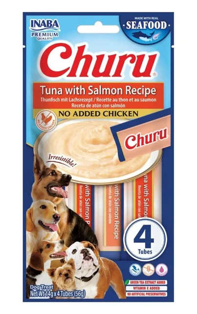 INABA Dog Churu Fish Based Tuna with Salmon Recipe 4x14g krémové pamlsky s tuňákem a lososem pro psy