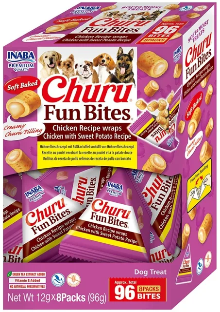 INABA Dog Churu Fun Bites Chicken with Sweet Potato 8x12g wrapy s kuřecím masem a sladkými bramborami pro psy