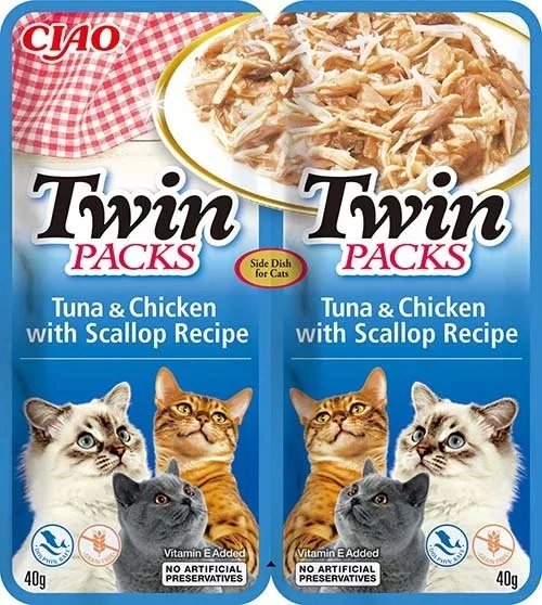 INABA Twin Tuňák s kuřecím masem a mušlemi ve vývaru pro kočky 2x40 g