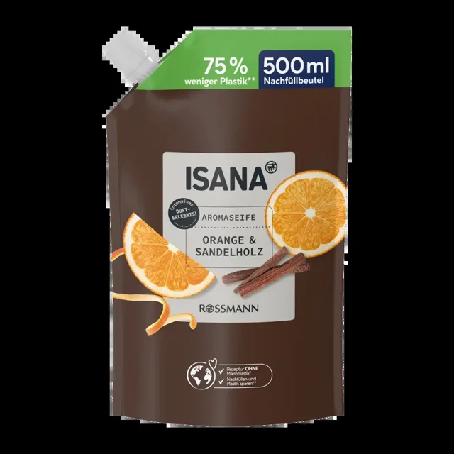 ISANA Tekuté mýdlo Pomeranč a santalové dřevo náhradní náplň 500 ml