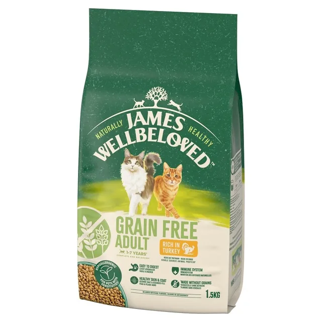 JAMES WELLBELOVED Adult 1,5 kg suché kompletní krmivo bez obilovin pro dospělé kočky od 1 do 7 let s vysokým obsahem krůtího masa