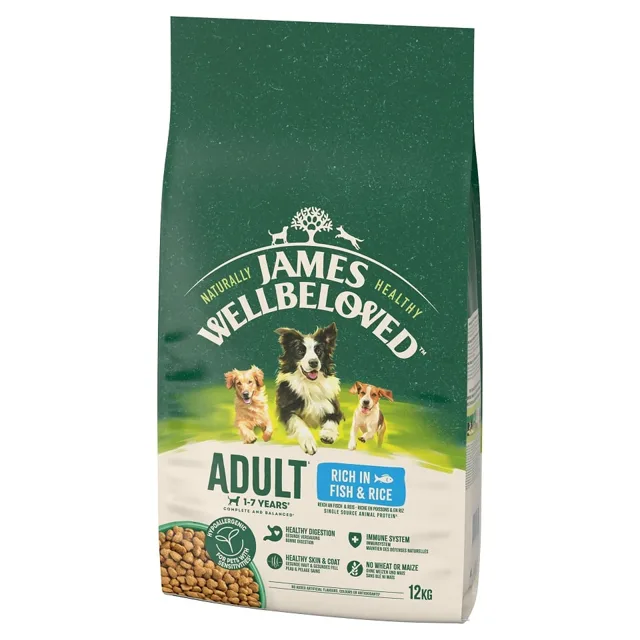 JAMES WELLBELOVED Adult 12 kg Kompletní suché krmivo pro dospělé psy 1-7 let, bohaté na ryby a rýži