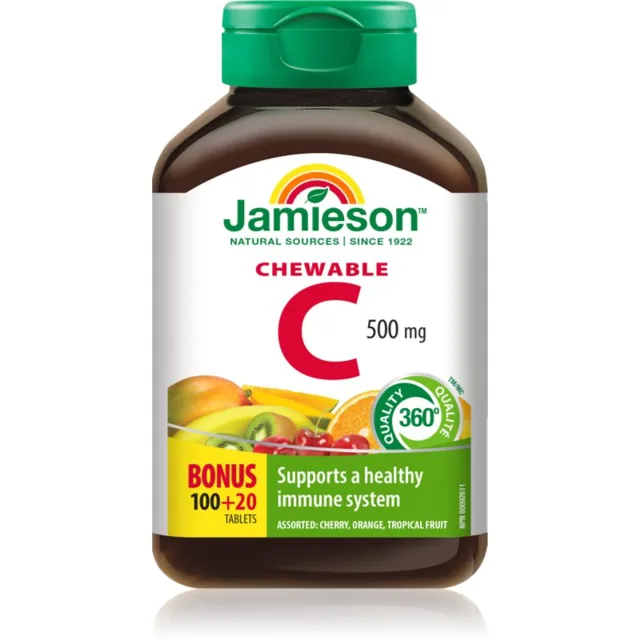 Jamieson Chewable C 500 mg cucavé tablety pro posílení imunity příchuť Orange, Tropical Fruit, Cherry 120 tbl