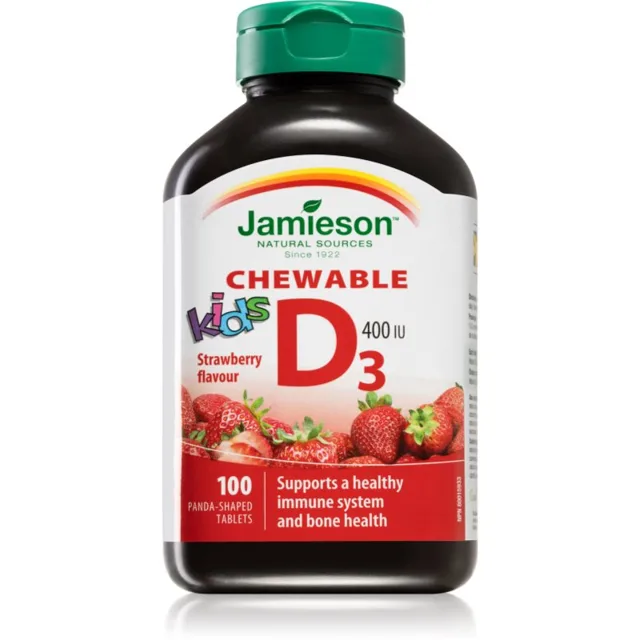 Jamieson Vitamin D3 400 IU Chewable Kids cucavé tablety pro normální funkci imunitního systému, stavu kostí a činnosti svalů příchuť Strawberry 100 tb
