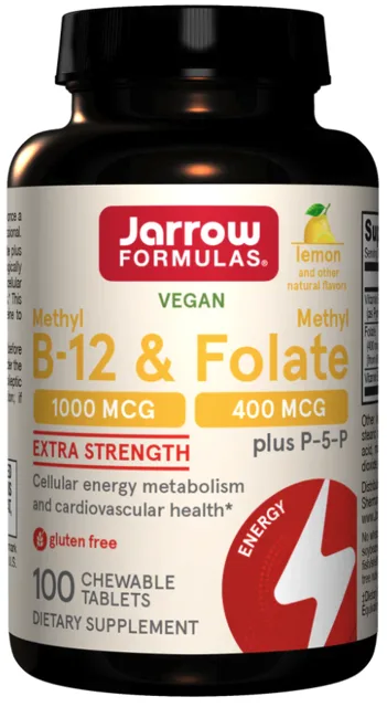 Jarrow Methyl B-12 & Methyl Folate, (Vitamín B12 + Kyselina listová, aktivované formy), 1000 mcg / 400mcg, 100 pastilek