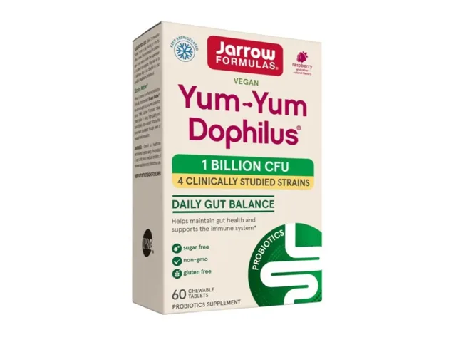 Jarrow Yum-Yum Dophilus, probiotika, 1 milarda CFU, 4 probiotické kmeny, malina, 60 žvýkacích tablet