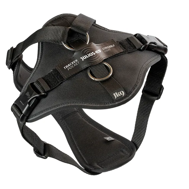 Julius-K9 Longwalk Light postroj s kapsou na tracker, černý - velikost M: Obvod hrudníku 56 - 76 cm