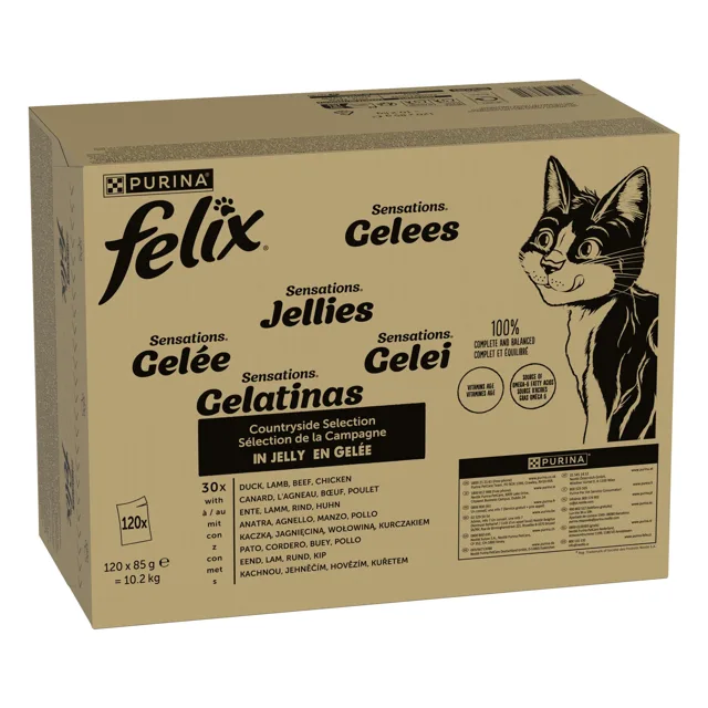 Jumbo balení Felix Sensations Jellies kapsičky 120 x 85 g - hovězí, kuře, kachna, jehněčí