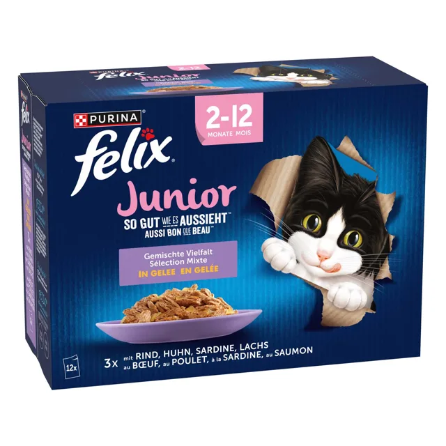 Jumbobalení Felix Fantastic Junior kapsičky 12x85 g - 24 x 85 g - hovězí, kuře, sardinky, losos v želé