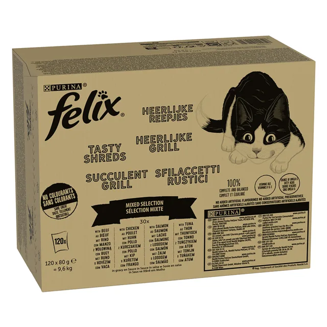 Jumbopack Felix Tasty Shreds kapsičky 120 x 80 g - hovězí, kuře, losos, tuňák