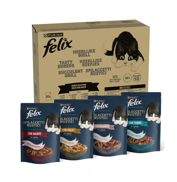 Jumbopack Felix Tasty Shreds kapsičky 80 x 80 g - hovězí, kuře, losos, tuňák