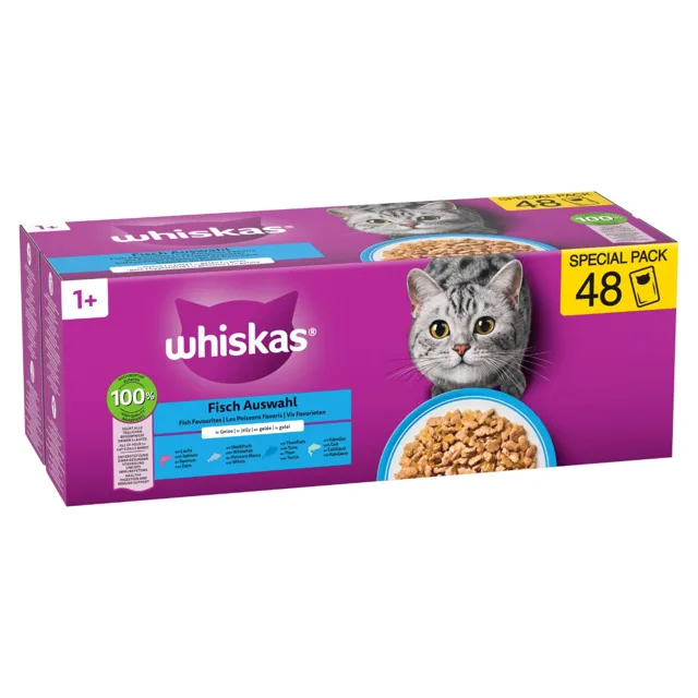 Jumbopack Whiskas 1+ Adult kapsičky 144 x 85 g - rybí výběr v želé (144 x 85 g) - Losos, tuňák, treska, bílá ryba