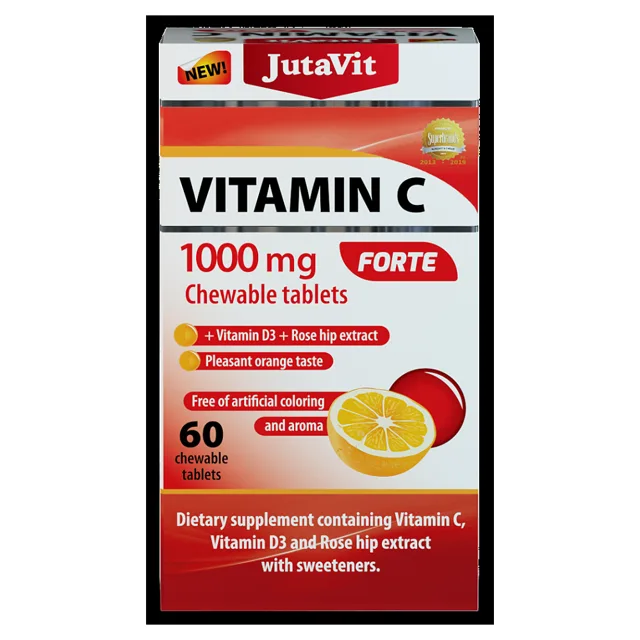 JUTAVIT Vitamín C 1000 mg forte + vitamín D3 2000IU + extrakt ze šípků 25 mg 60 žvýkacích tablet