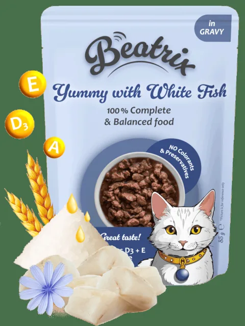 Kapsička Beatrix Adult Cat s bílou rybou 85g