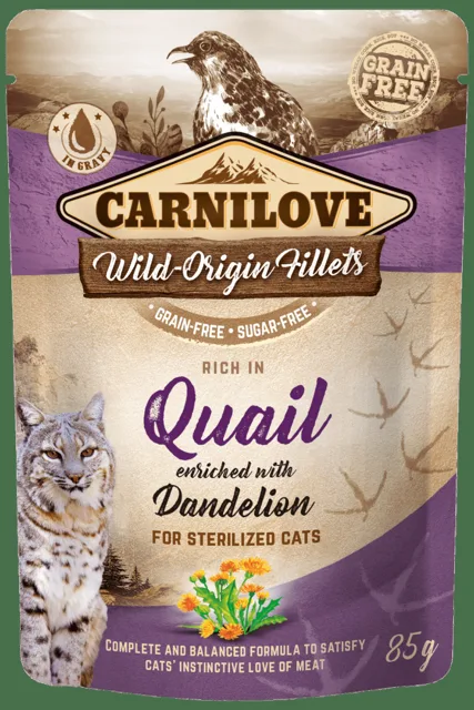Kapsička Carnilove Cat Pouch Castrate křepelka s pampeliškou 85g