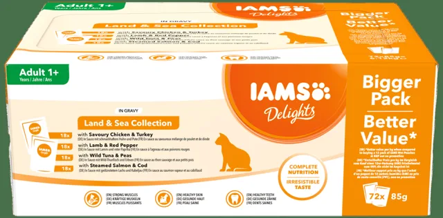 Kapsička Iams Delights mořské a suchozem. maso v omáčce multipack 72x85g