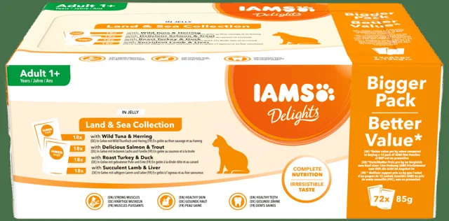 Kapsička Iams Delights mořské a suchozem. maso v želé multipack 72x85g