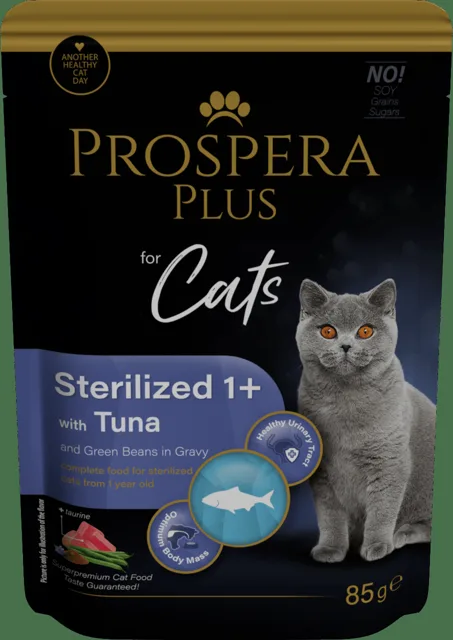 Kapsička Prospera Plus Cat Sterilised 1+ tuňák a zelené fazolky 85g