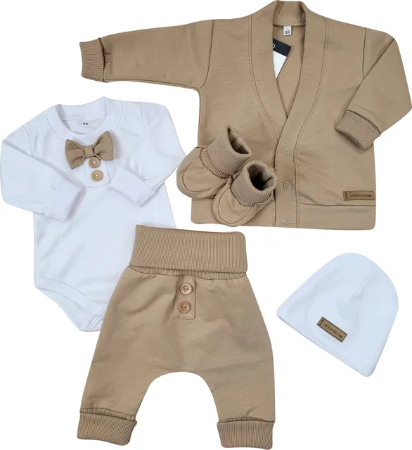 Kazum Bavlněná sada, body, kalhoty, motýlek a čepice Elegant Boy 5D,, mocca/bílá vel.  80