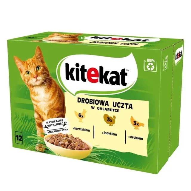 KITEKAT Drůbeží hody v želé 12x85g mokré krmivo pro kočky s kuřecím masem, krůtím, drůbeží