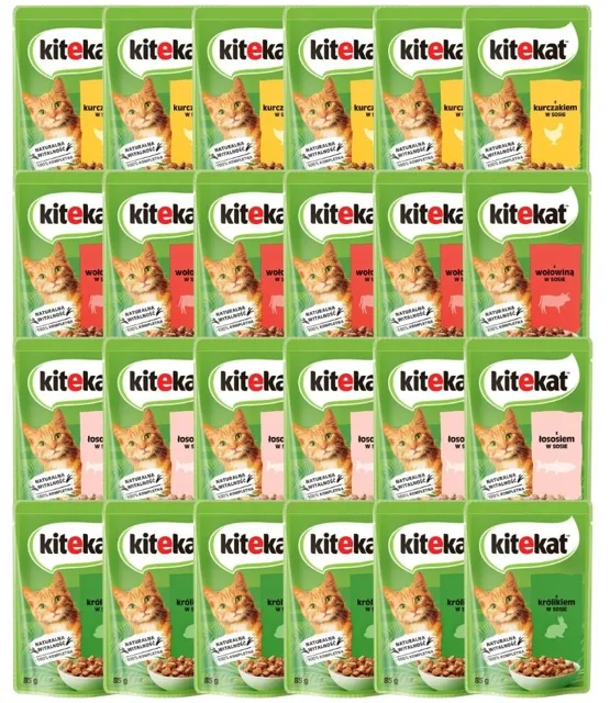 KITEKAT Mix chutí v omáčce 24x85 g pro dospělé kočky s kuřetem, hovězím, lososem a králíkem