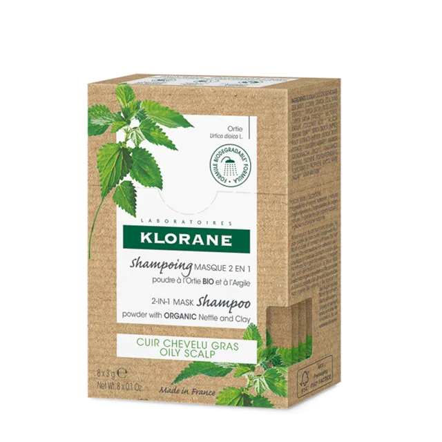 Klorane šampon a maska 2v1 bio kopřiva a jíl 8x3g