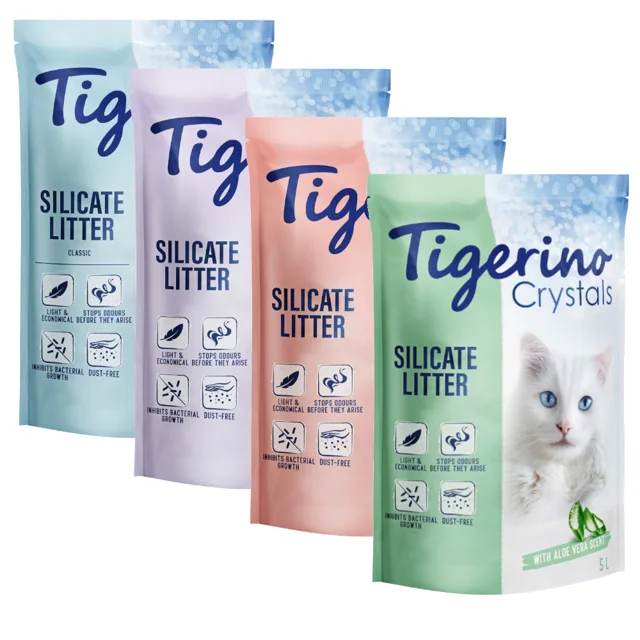 Kočkolit Tigerino Crystals 6 x 5 l míchané balení! - 4 druhy (Classic, Flower Power, Lavender & Aloe vera)